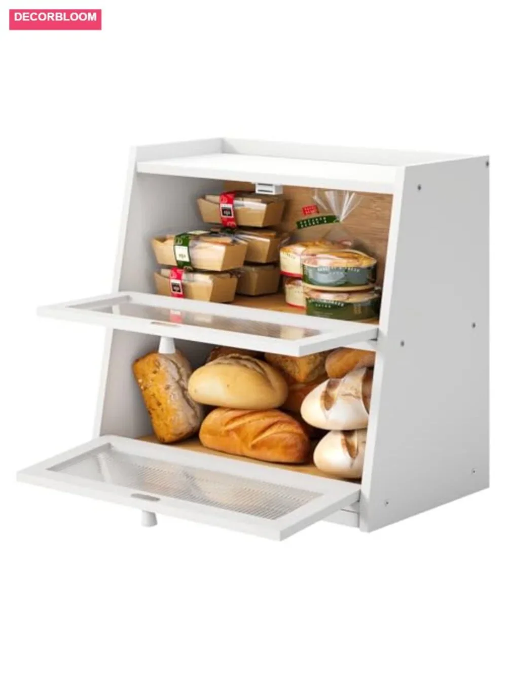 White Bread Box with Cutting Board, Bamboo 2-Tier Storage